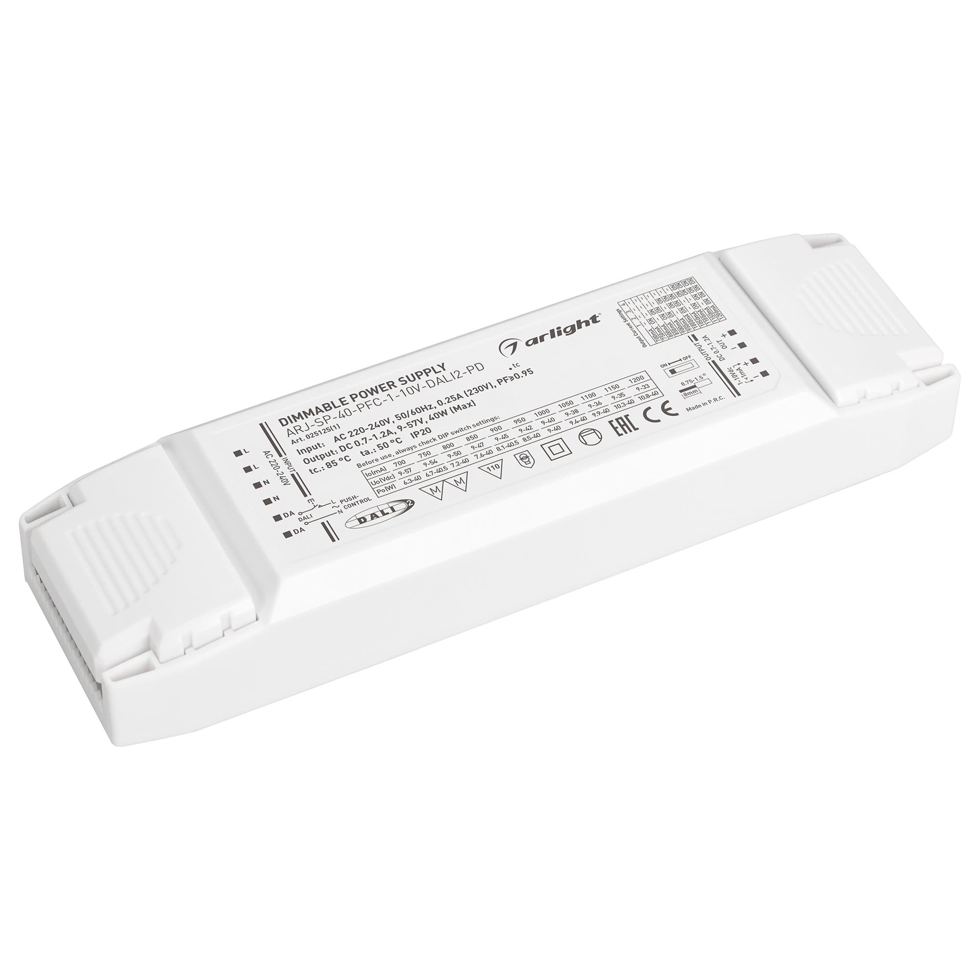 Arlight Блок питания ARJ-SP-40-PFC-1-10V-DALI2-PD (40W, 700-1200mA) (IP20 Пластик, 5 лет) 025125(1) — миниатюра 1