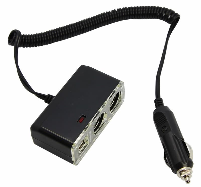 Разветвитель автоприкуривателя 2гн 2хUSB (5V 1 000mA) шнур спираль 1.5М Rexant 16-0225 — миниатюра 1