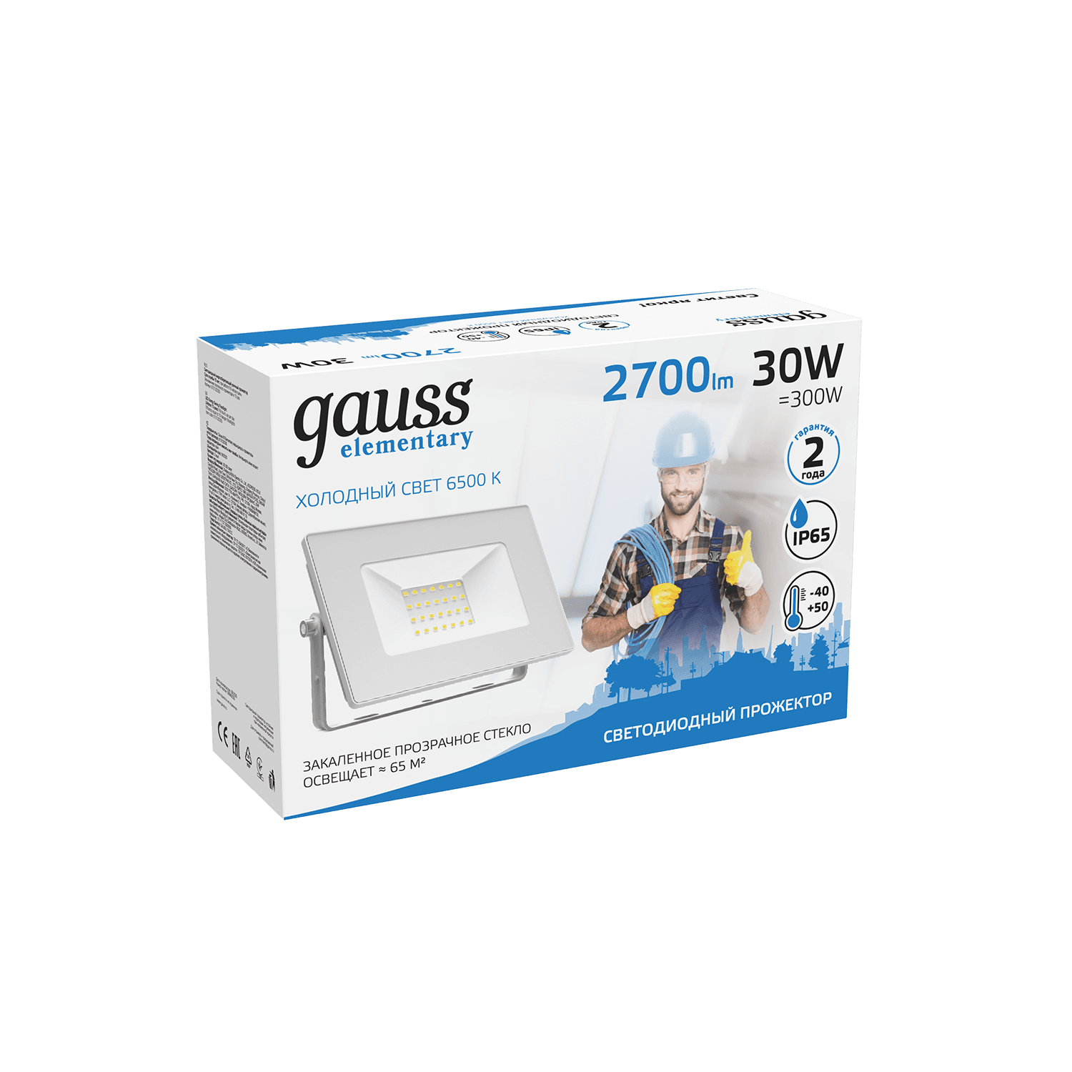 Gauss Прожектор Elementary 30W 2700lm 6500K 200-240V IP65 белый LED 613120330 — миниатюра 5