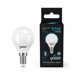 Gauss Лампа Шар 9.5W 950lm 6500K E14 LED 1/10/50 105101310 — миниатюра 1