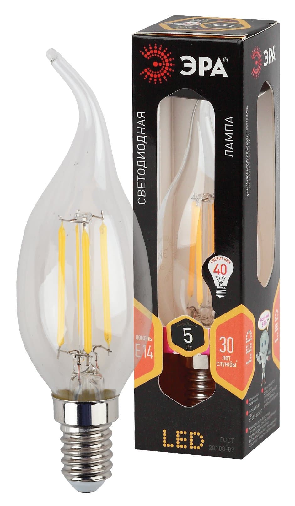 ЭРА F-LED BXS-5W-827-E14 (филамент, свеча на ветру, 5Вт, тепл, E14)