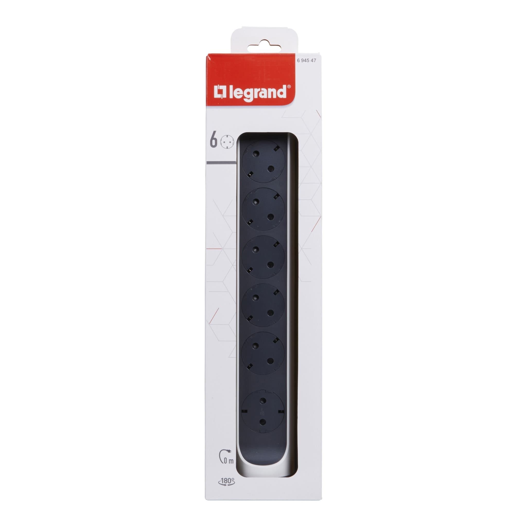 Legrand Revolution Комфорт Бело-черный Удлинитель 6x2К+З с выкл., без кабеля, плоские розетки, фиксируемый поворотный блок 694547 — миниатюра 2