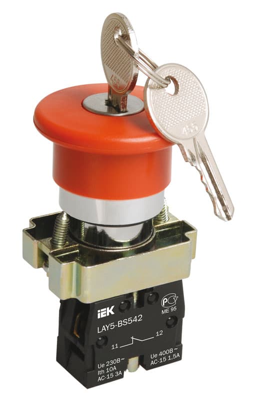 IEK LAY5 Кнопка LAY5-BS142 Грибокс ключом красная d22мм 240В 1р — миниатюра 1