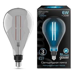 Gauss Лампа Filament PS160 6W 330lm 4000К Е27 gray straight LED 179802205 — миниатюра 1