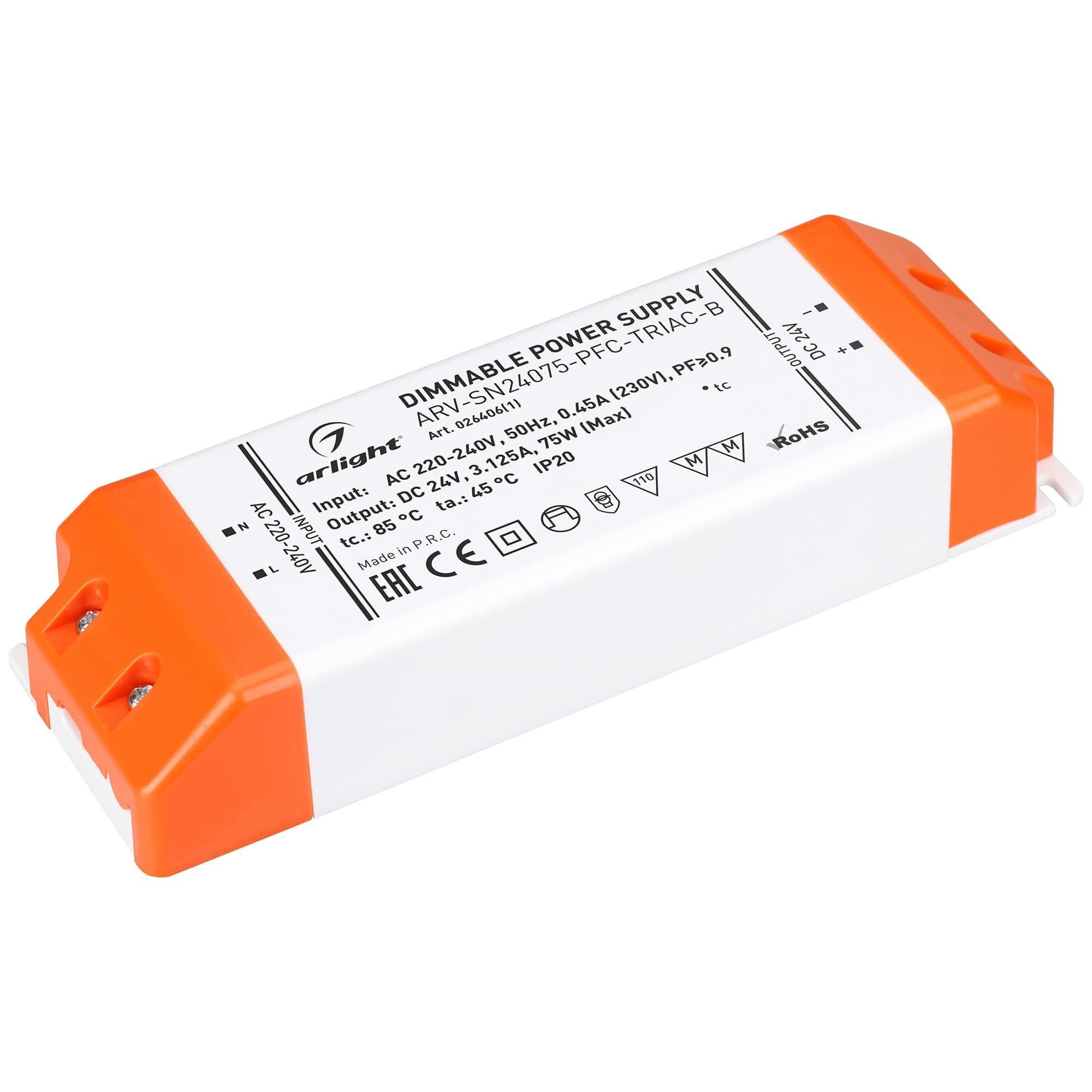 Arlight Блок питания ARV-SN24075-PFC-TRIAC-B (24V, 3.1A, 75W) (IP20 Пластик, 3 года) 026406(1)