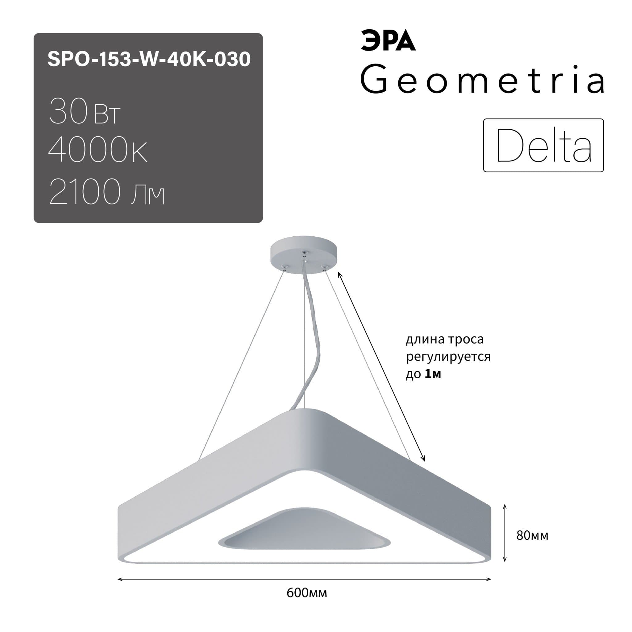 ЭРА Светильник светодиодный Geometria Delta SPO-153-W-40K-030 30Вт 4000К 2100Лм IP40 600*600*80 белый подвесной