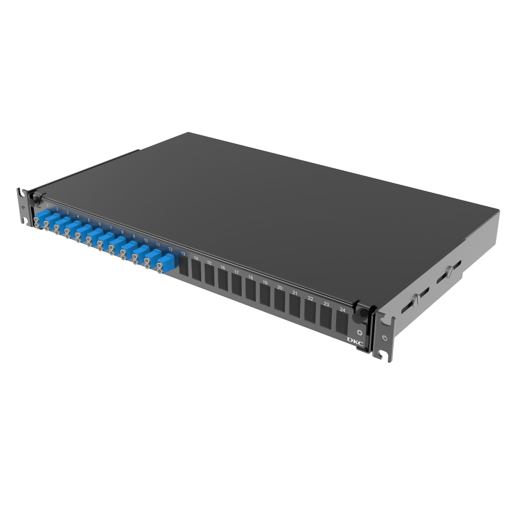 DKC Оптическая полка выдвижная 1U с адатерами 12 х duplex LC OS2 в комплекте с лицевой панелью, пигтейлами, сплайс-кассет(ой/ами) и гильзами КДЗС