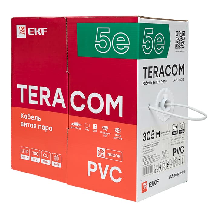 EKF Кабель витая пара TERACOM PRO Cat.5E U/UTP 4 пары solid 24AWG оболочка PVC цвет серый (упак. 305м) — миниатюра 3