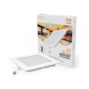 Gauss Светильник Slim квадрат 9W 610lm 3000K 180-265V IP20 монтаж Ø130*130 145*145*22 LED 940111109
