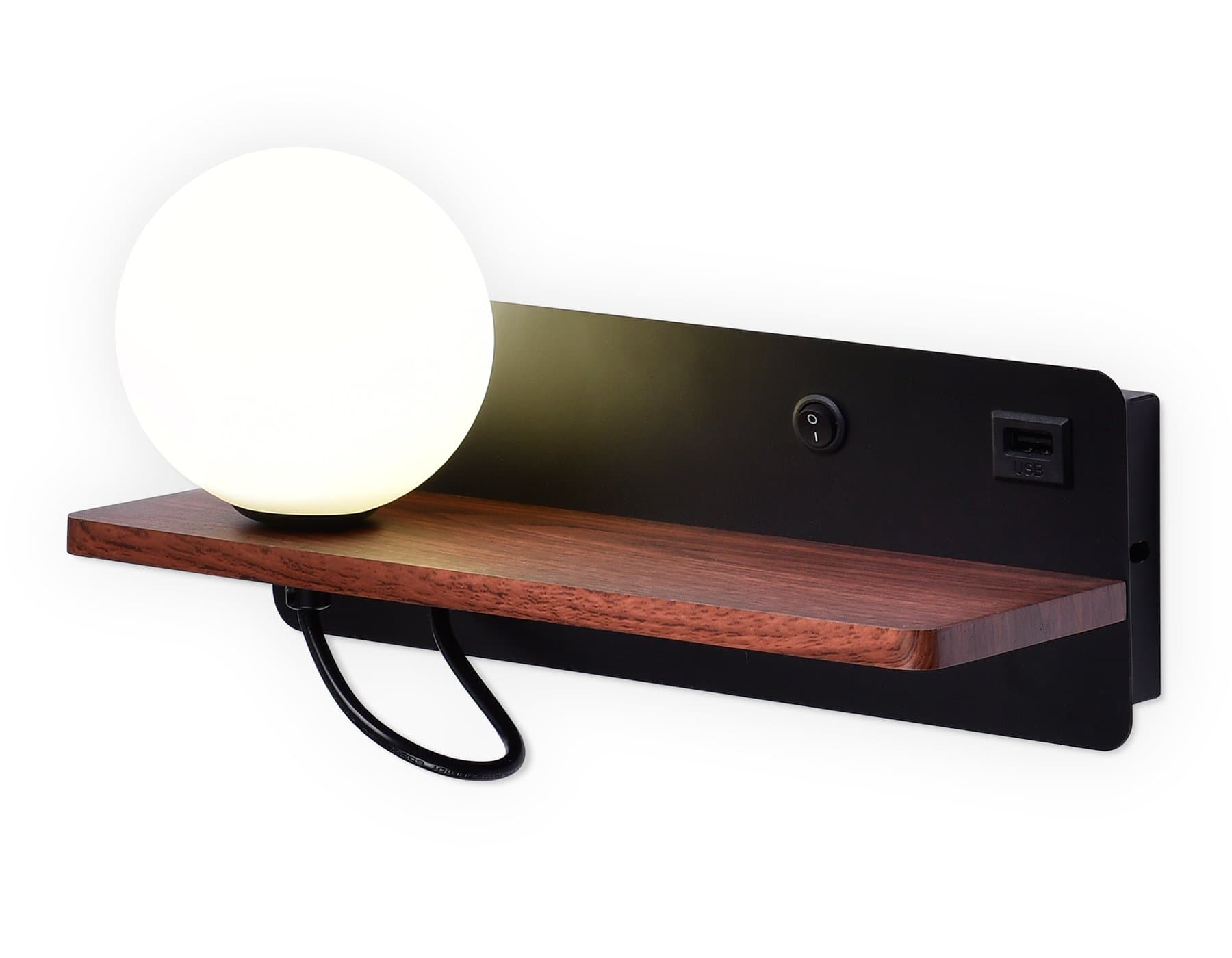 Ambrella Настенный светильник с выключателем, USB портом и полкой FW521 BK/DW черный/темное дерево G9 max 40W 280*100*125 (лампа LED G9 5W 4200K в ком