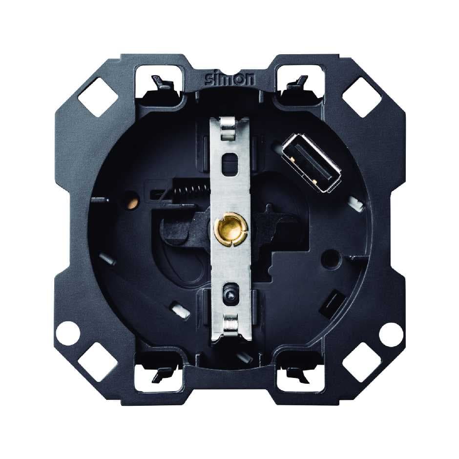 Simon 100 Розетка с заземлением и шторками Schuko 2Р+Е 16A 250В~ с з/у USB SmartCharge 2.1A 5В 10001432-039