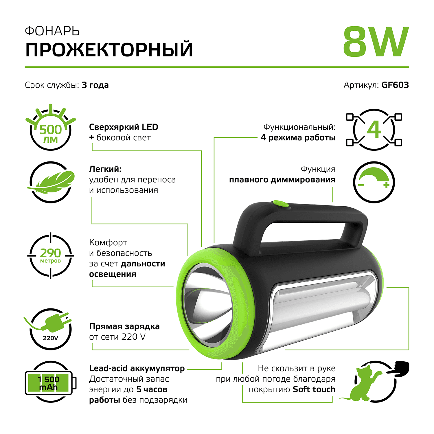 Gauss Фонарь прожекторный модель GFL603 8W 400lm lead acid 1500mAh диммируемый LED 1/10/20 GF603 — миниатюра 7