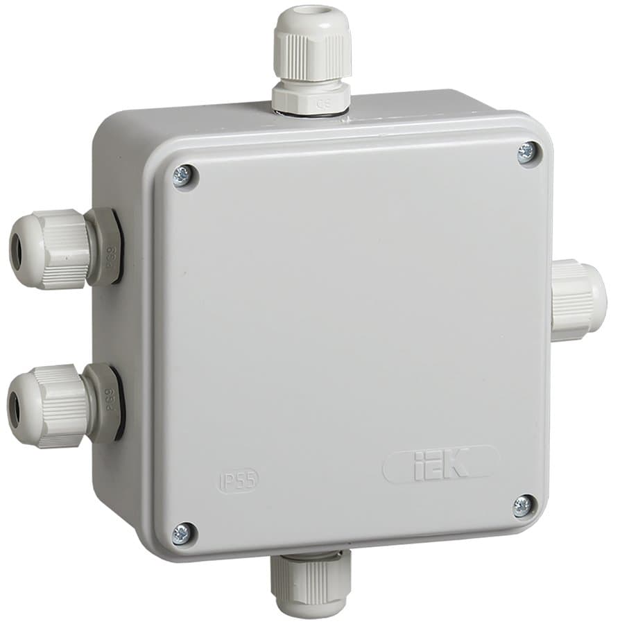 IEK Коробка КМ41330 распаячная для о/п 100х100х50 мм IP55 (RAL7035, гермовводы PG9 5 шт) — миниатюра 1