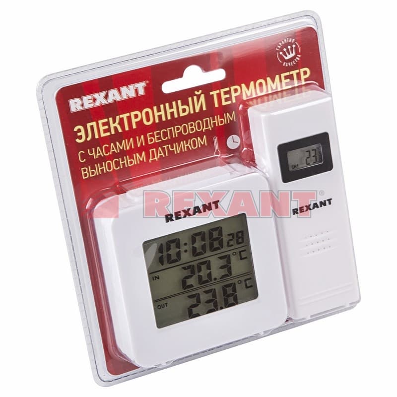 Электронный термометр с часами и беспроводным выносным датчиком Rexant 70-0592 — миниатюра 3