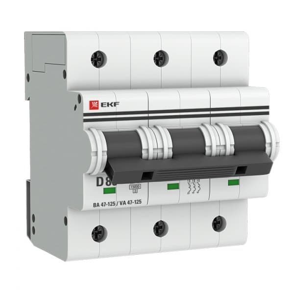 EKF PROxima ВА 47-125 Автоматический выключатель (D) 3P 80А 15кА mcb47125-3-80D — миниатюра 1