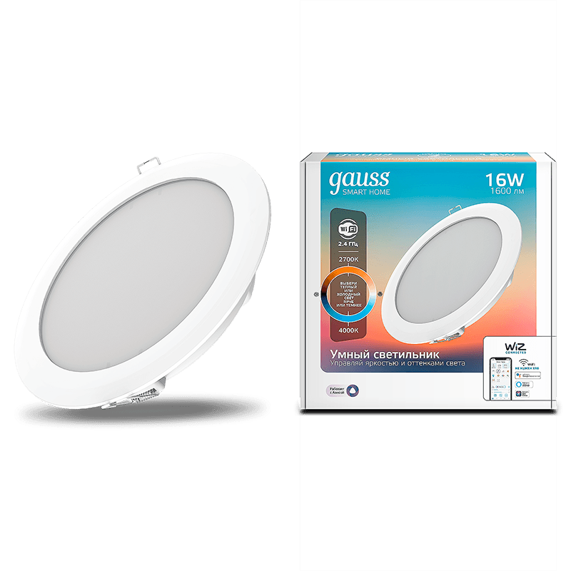 Gauss Свет-ик даунлайт SmartHome 16W1600lm2700-4000К 220-240V IP20 165*38мм изм.цвет.тем+дим LED 2040122