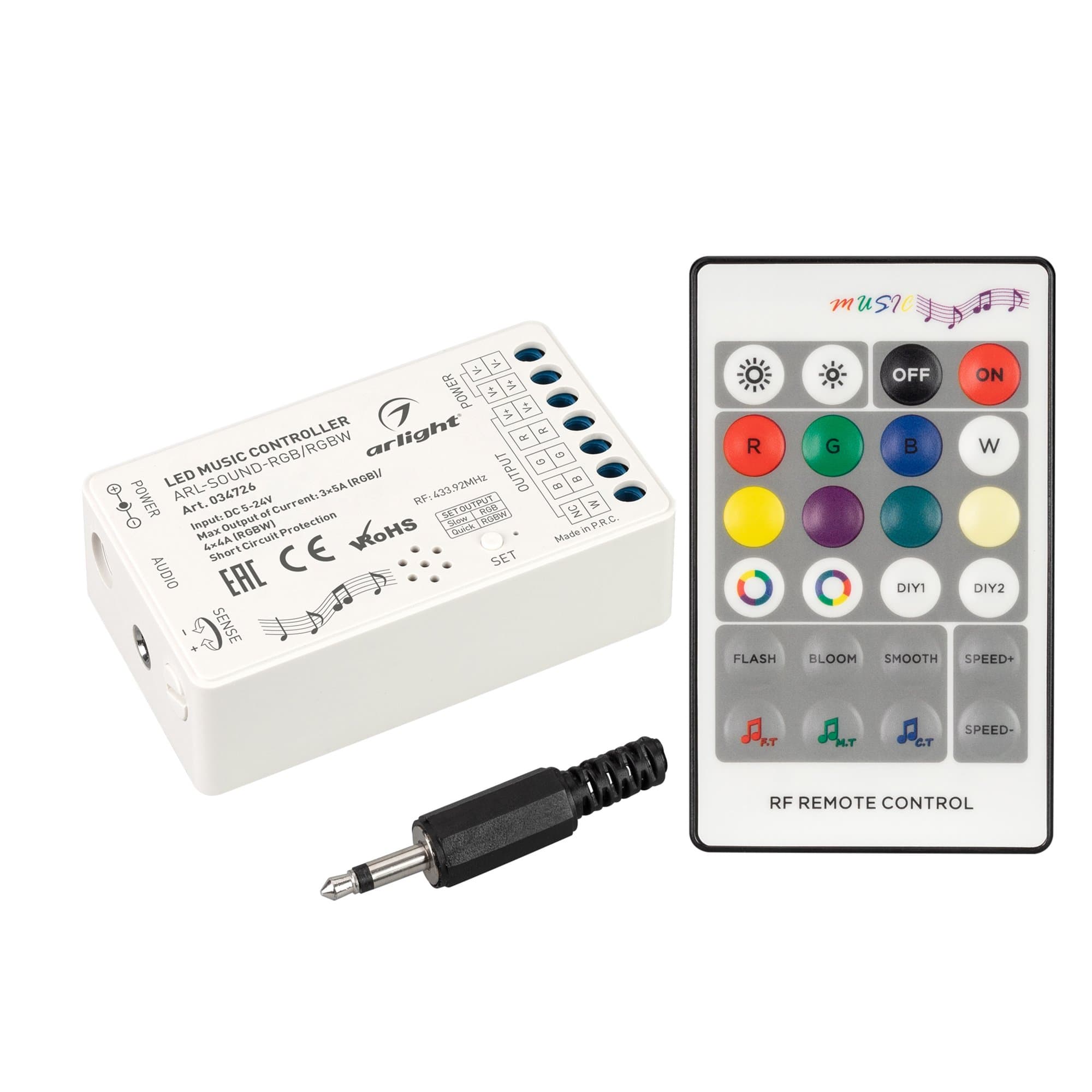 Arlight Аудиоконтроллер ARL-SOUND-RGB/RGBW (12-24V, 4x4A, RF ПДУ 24кн) (IP20 Пластик, 3 года) 034726