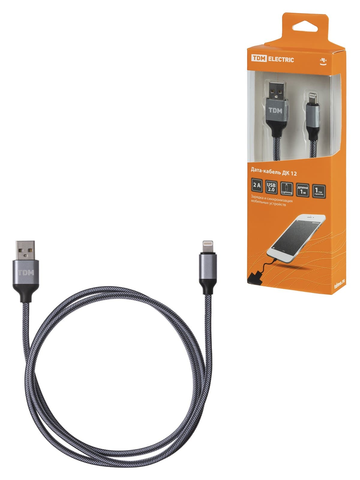 TDM Дата-кабель, ДК 12, USB - Lightning, 1 м, тканевая оплетка, серый, SQ1810-0312