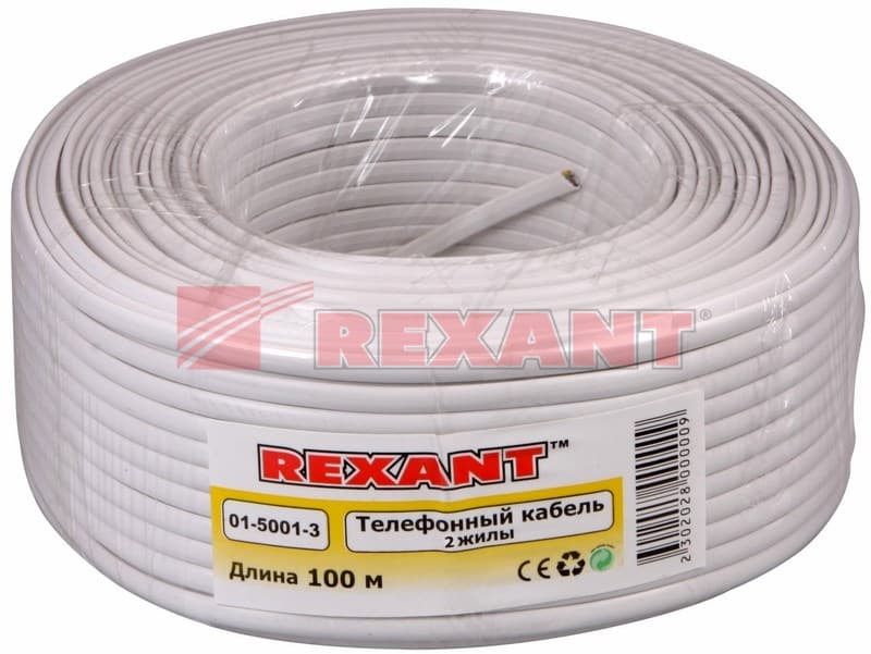 Кабель телефонный 2 жилы, 100 м., белый, (CCA), (ШТЛП-2) Rexant 01-5001-3 — миниатюра 2