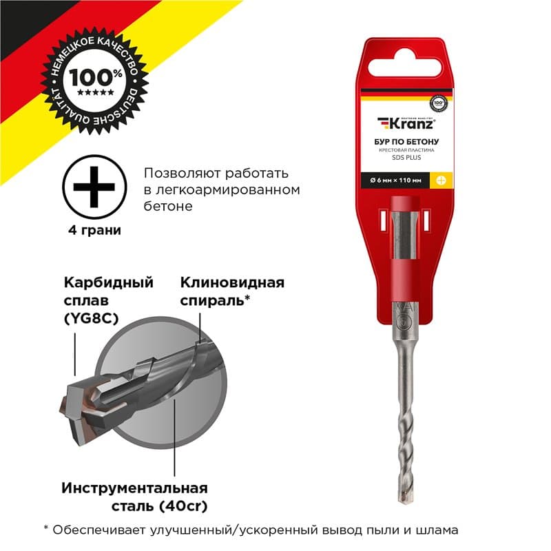 Бур по бетону 6x110x50 мм крестовая пластина SDS PLUS  Kranz KR-91-0801