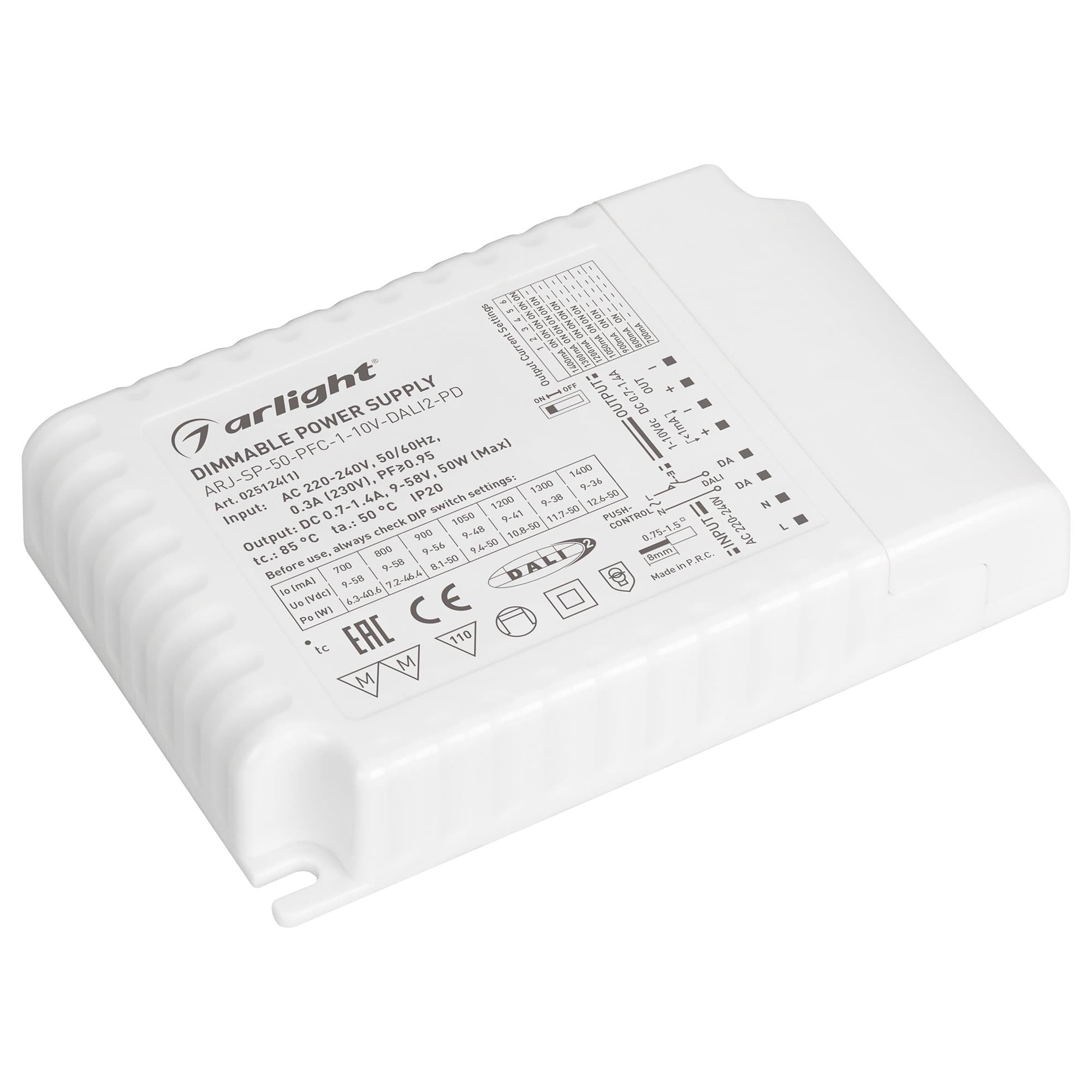 Arlight Блок питания ARJ-SP-50-PFC-1-10V-DALI2-PD (50W, 700-1400mA) (IP20 Пластик, 5 лет) 025124(1) — миниатюра 1