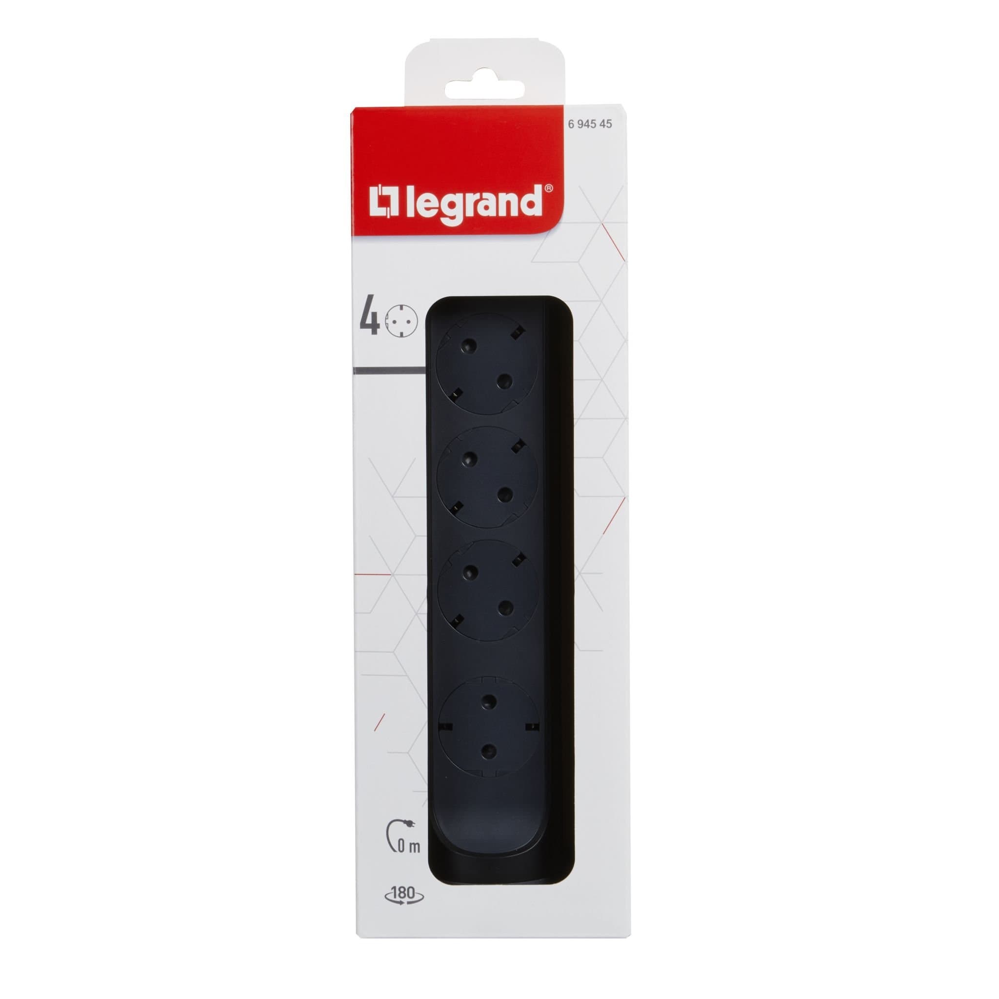 Legrand Revolution Комфорт Черный Удлинитель 4x2К+З с выкл., без кабеля, плоские розетки, фиксируемый поворотный блок 694545 — миниатюра 2