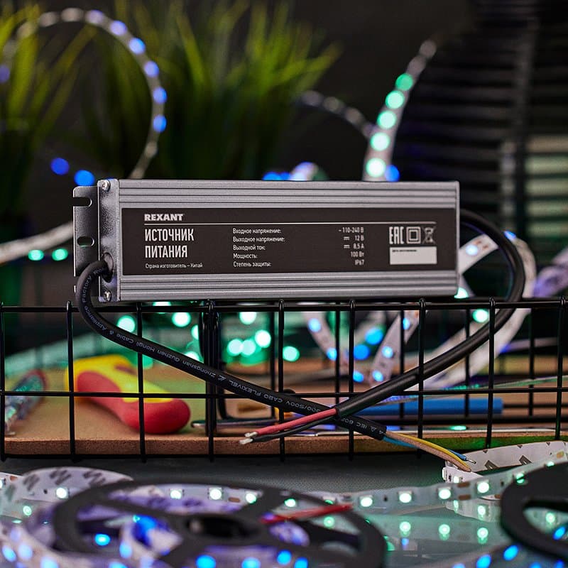 Источник питания 110-220V AC/12V DC, 8,3А, 100W с проводами, влагозащищенный (IP67) Rexant 200-100-2