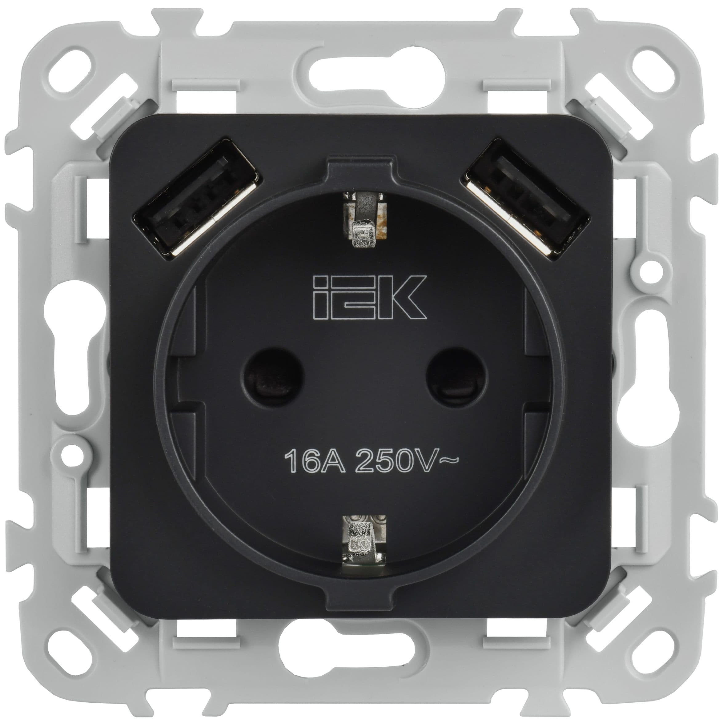 IEK FLITE Черный Розетка 1-местная с заземлением с защитными шторками 16А с USB A+A 31А безвинтовое крепление — миниатюра 2