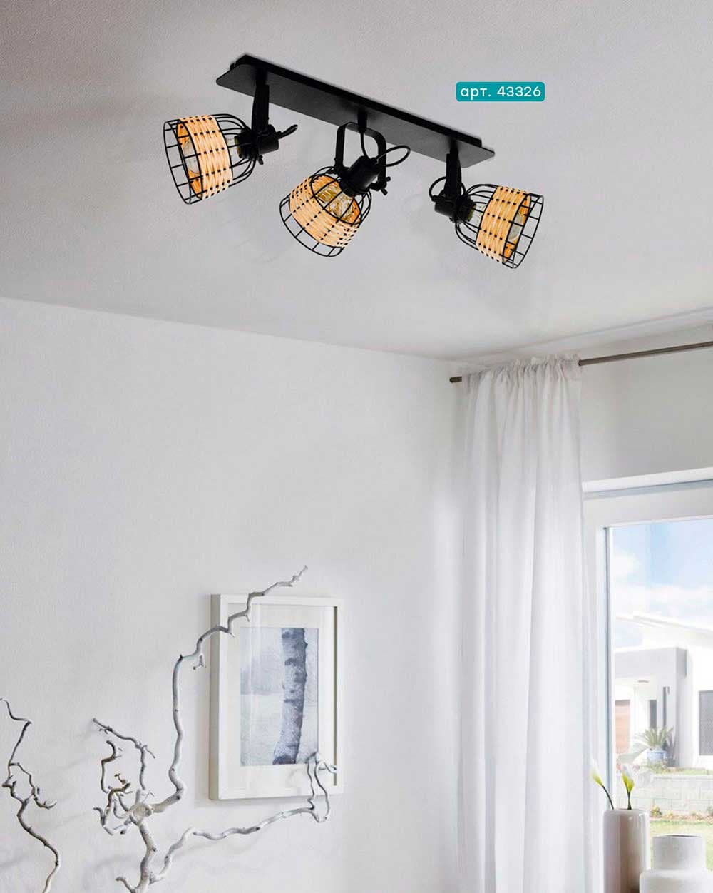 Eglo 43326 Спот ANWICK 1, 3x40W(E27), сталь, черный/ротанг, натуральный — миниатюра 2