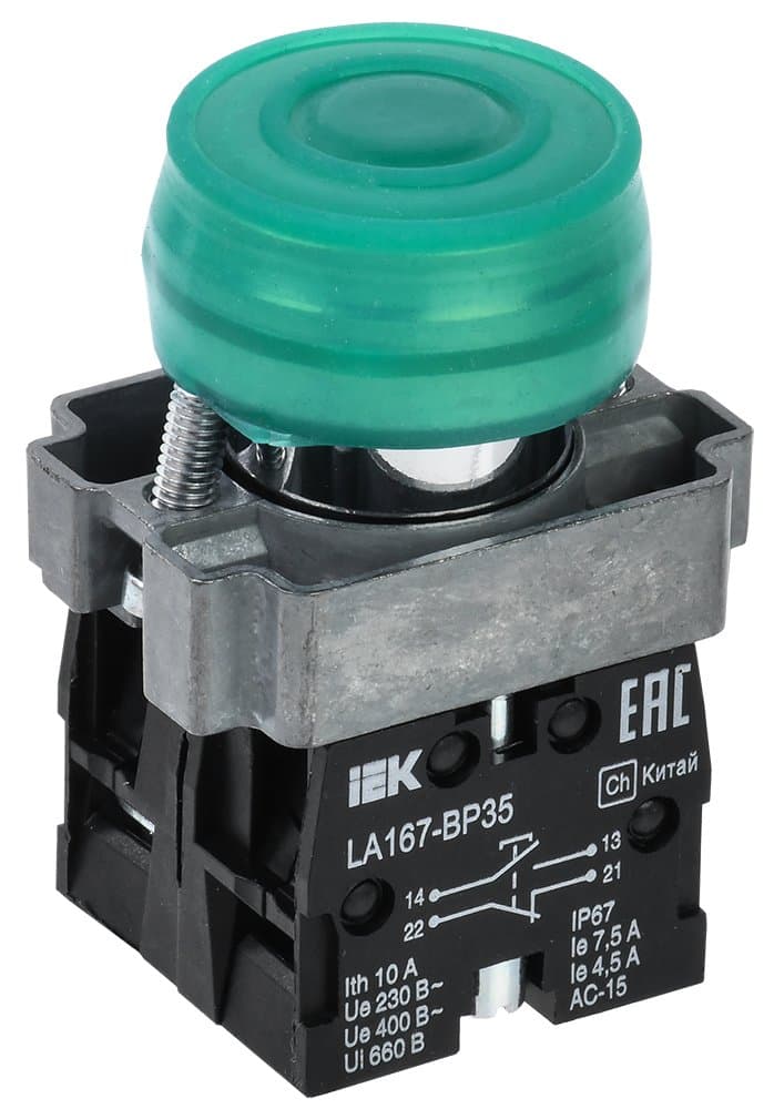 IEK Кнопка LA167-BP35 d=22мм 1з+1р зеленая