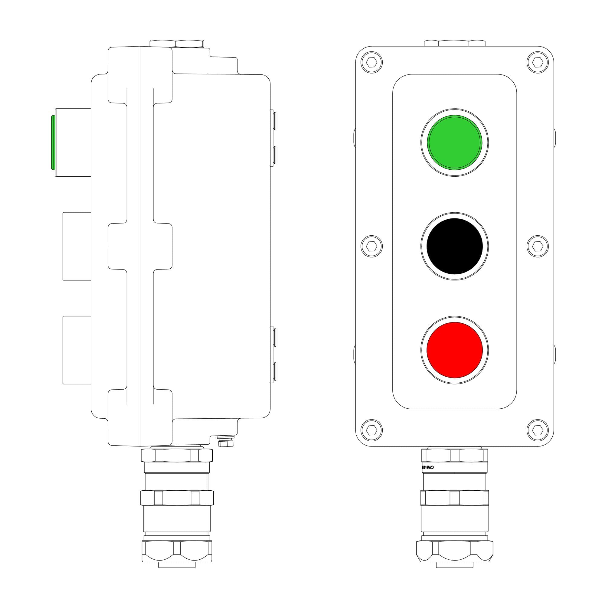 DKC Взрывонепроницаемый пост управления из алюминия LCSD-03-B-MB-L1G(220)x1-P1B(11)x1-P1R(11)x1-PBMB-ANP15BMB / 1Ex d IIB T5 Gb / Ex tb IIIC T95°С Db