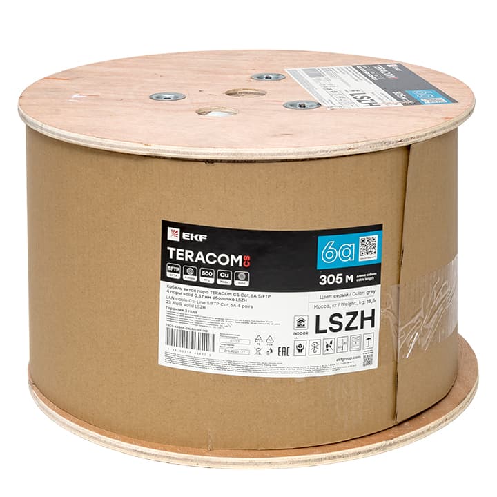 EKF Кабель витая пара TERACOM CS Cat.6A S/FTP 4 пары solid 0,57мм оболочка LSZH нг(А)-HF цвет серый (упак. 305м) — миниатюра 3