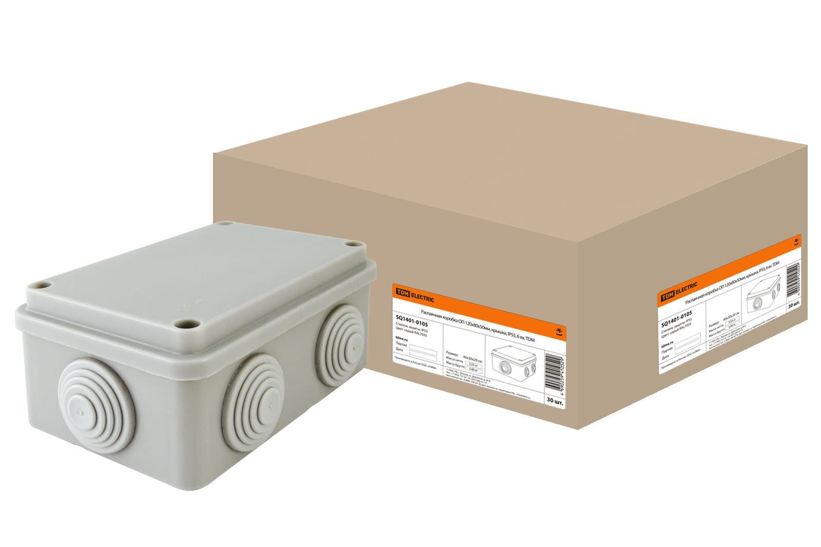 TDM Распаячная коробка ОП 120х80х50мм, крышка, IP55, 6 вх. SQ1401-0105