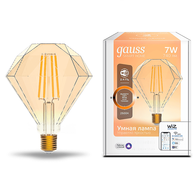 Gauss Лампа Smart Home Filament Diamond 7W 740lm 2500К E27 диммируемая LED 1350112