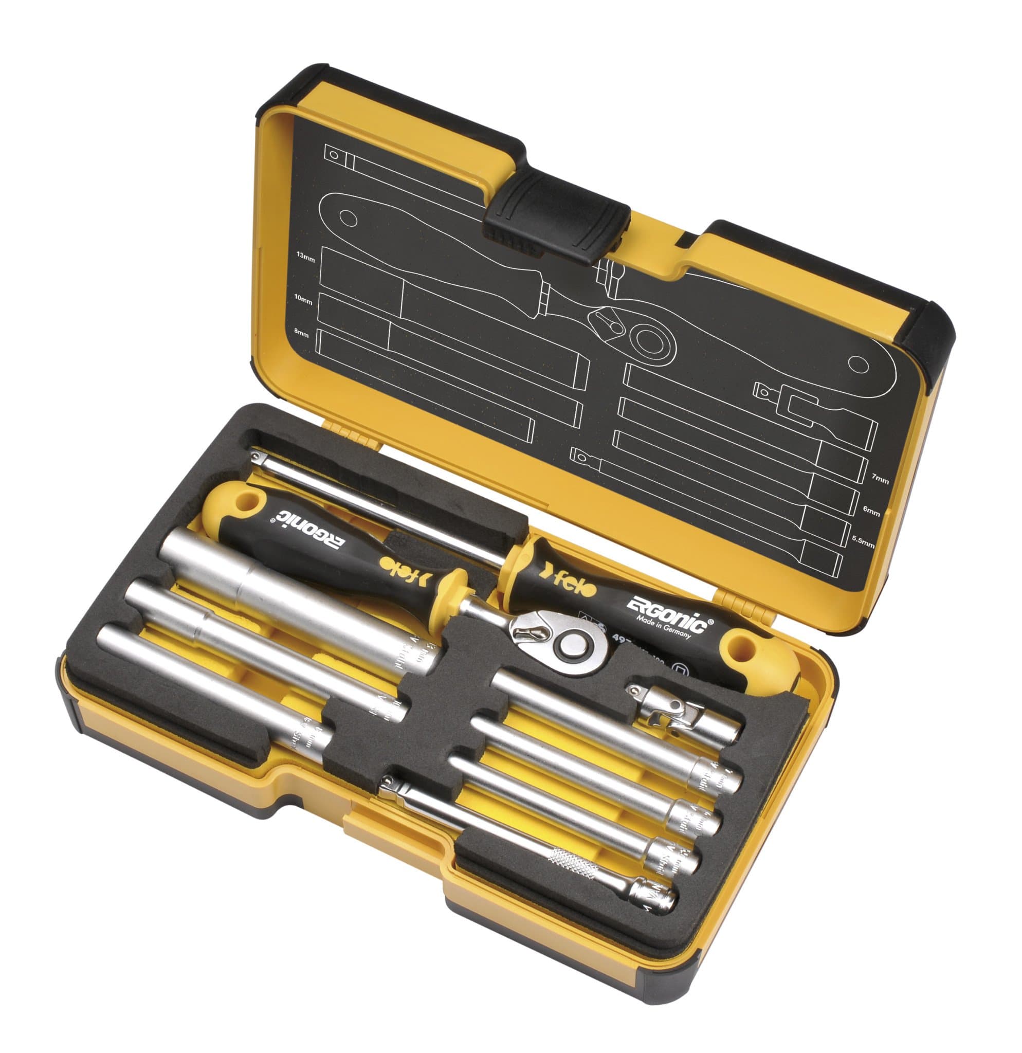 Felo Набор стержней M-TEC с трещоткой и отверткой 1/4" ERGONIC в кейсе, 10 шт 05781006