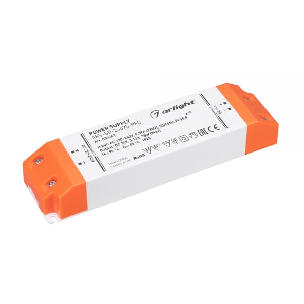 Блок питанияARV-SP-24075-PFC (24V, 3.12A, 75W)(Arlight, IP20 Пластик, 5 лет) 039241