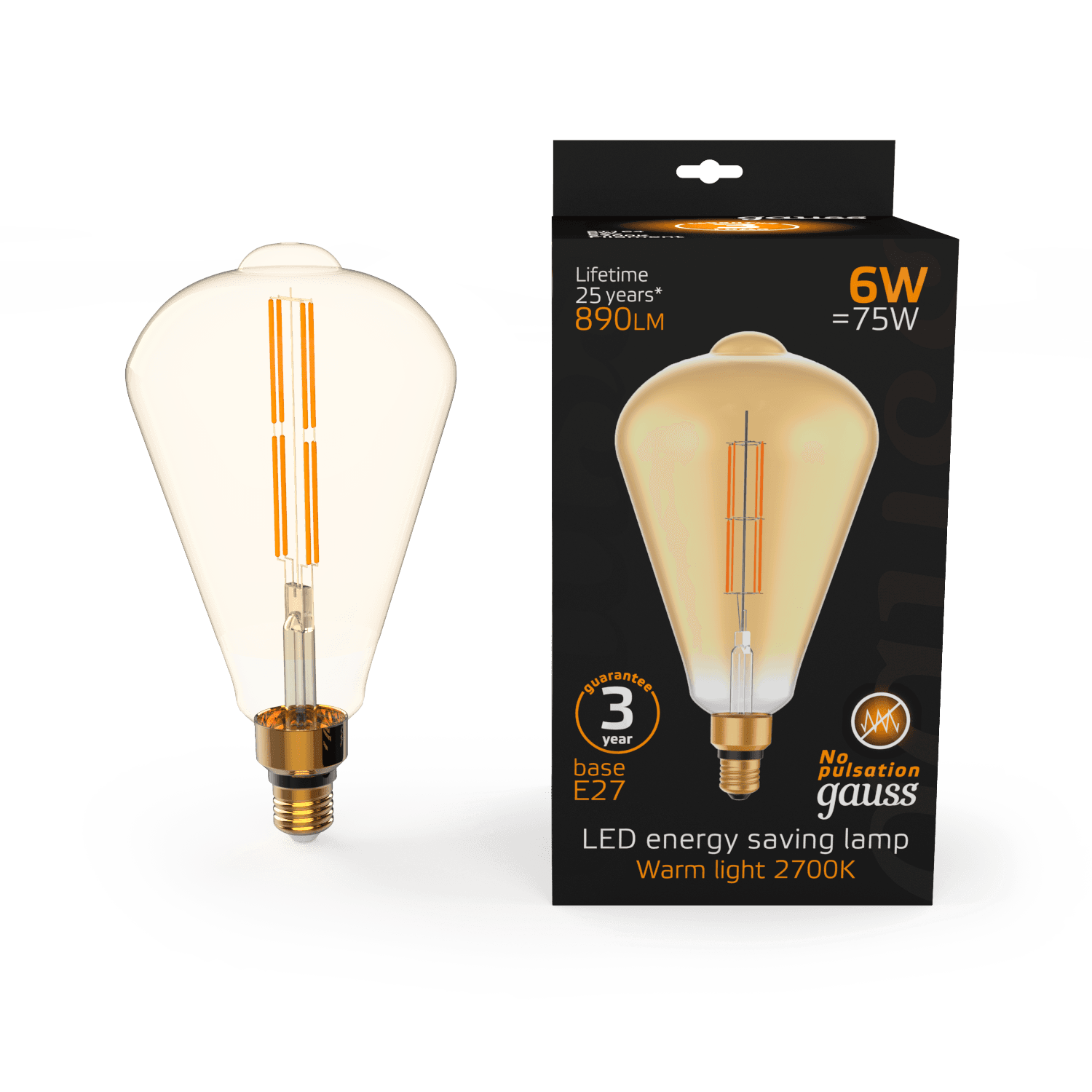 Gauss Лампа Filament ST164 6W 890lm 2700К Е27 golden straight LED 157802118 — миниатюра 10