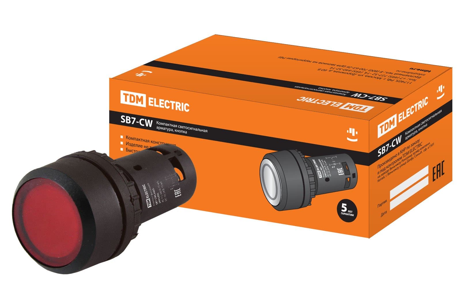 TDM Кнопка с фиксацией SB7-CWL3465-24V(LED) d22мм 1з+1р красная SQ0746-0044