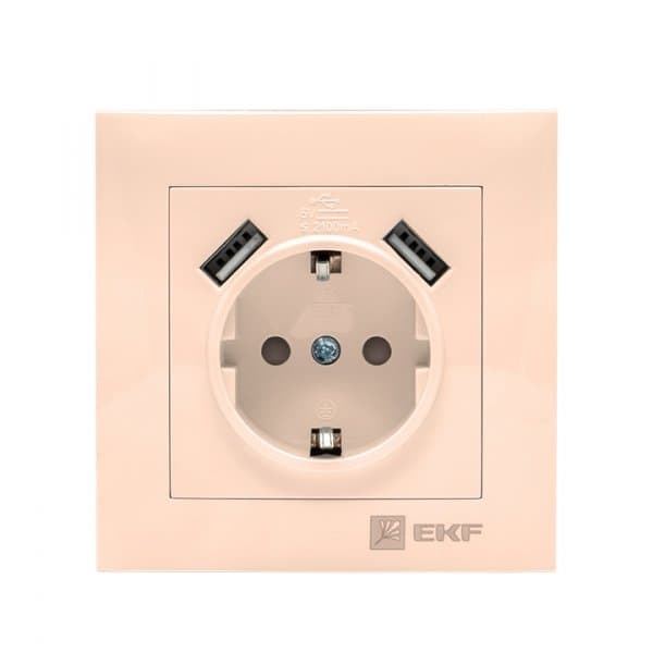 EKF PROxima Валенсия розетка 1-местная с/з 16А кремовая с защ. штор. с 2 USB 2,1А — миниатюра 1