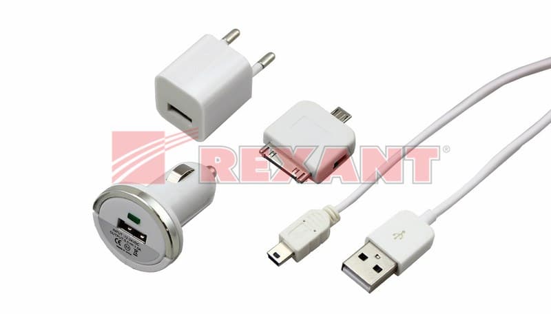 Комплект СЗУ, АЗУ, кабель miniUSB-USB, Переходник microUSB, 30 pin , белый Rexant 18-1197 — миниатюра 1