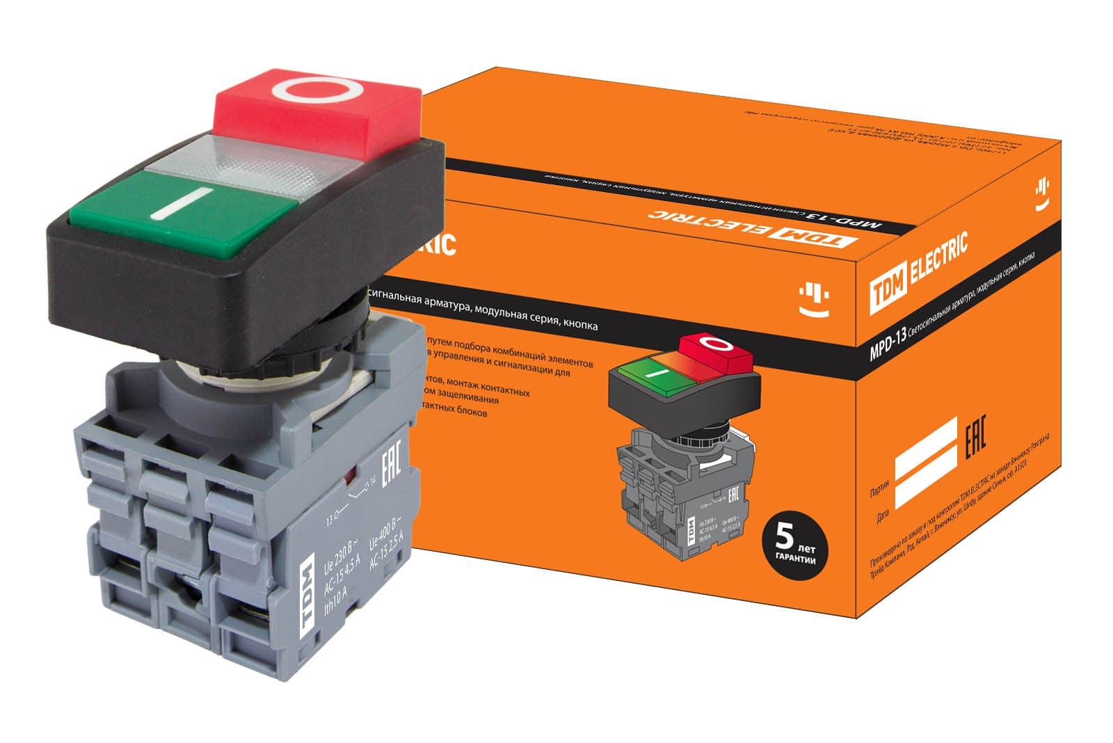 TDM Кнопка двойная MPD13-11С (зеленая/красная-выступающая) (LED) d22мм/220В (I/O) линза прозрачная SQ0747-0038