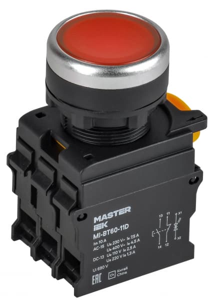 IEK Кнопка с подсветкой d=22мм 1NO+1NC красная MASTER MI-BT60-11D-3-12-K04