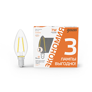 Лампа Gauss Filament Свеча 7W 550lm 2700К Е14 LED (3 лампы в упаковке) 1/20 103901107T