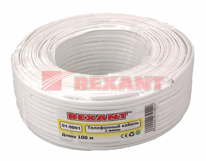 Кабель телефонный 2 жилы, 100 м., белый, (ШТЛП-2) Rexant 01-5001 — миниатюра 2