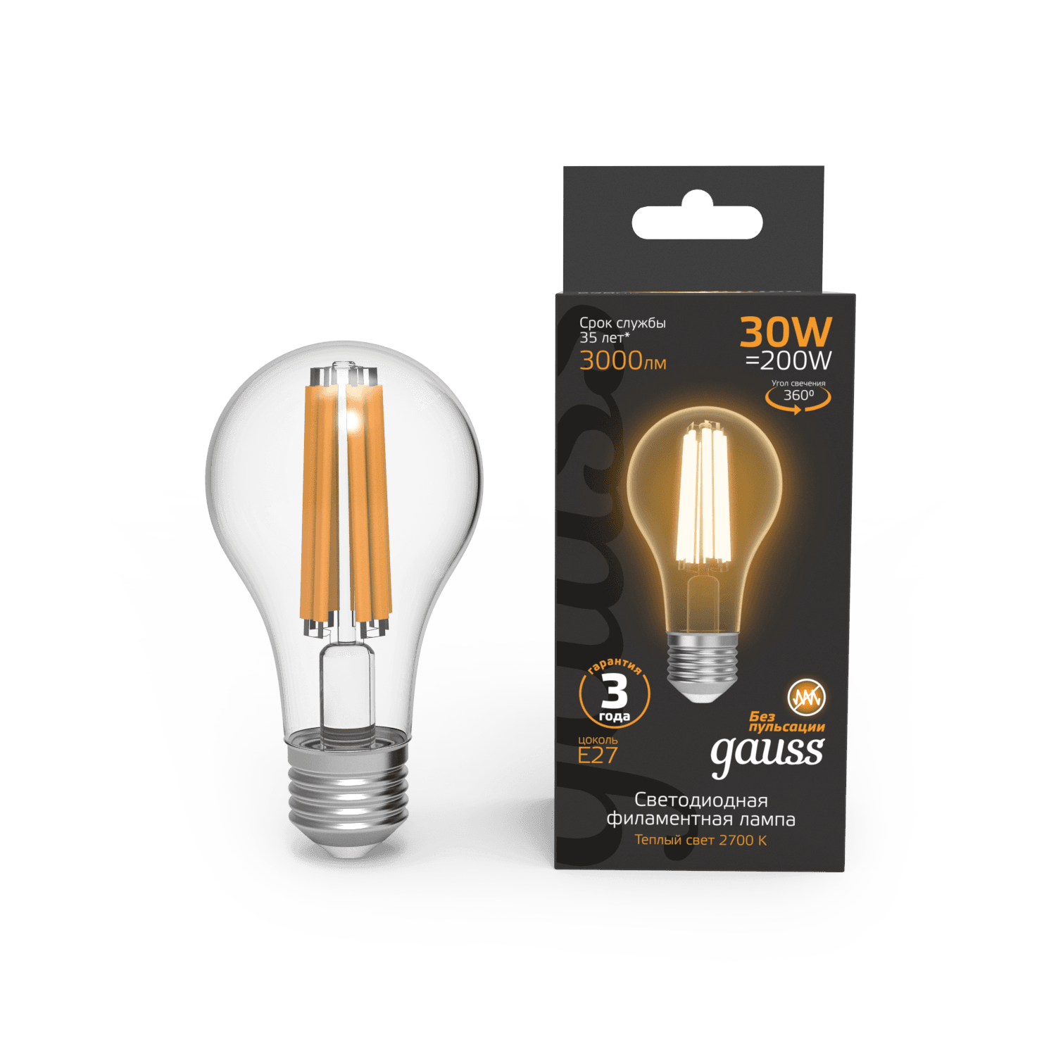 Gauss Лампа Filament А70 30W 3000lm 2700К Е27 LED 1/10/40 102902130 — миниатюра 4