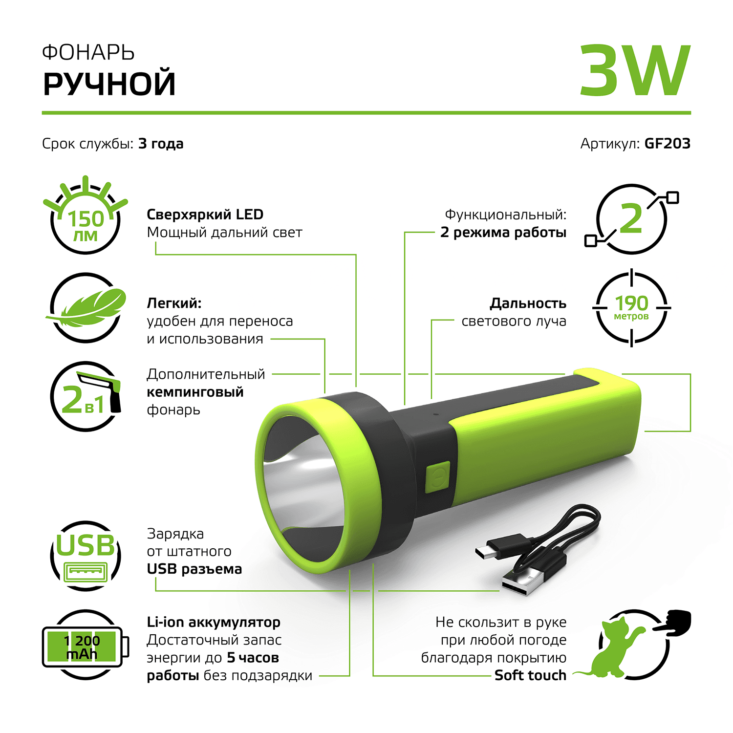 Gauss Фонарь ручной модель GFL203 3W 150lm Li-ion 1200mAh LED 1/10/80 GF203 — миниатюра 2