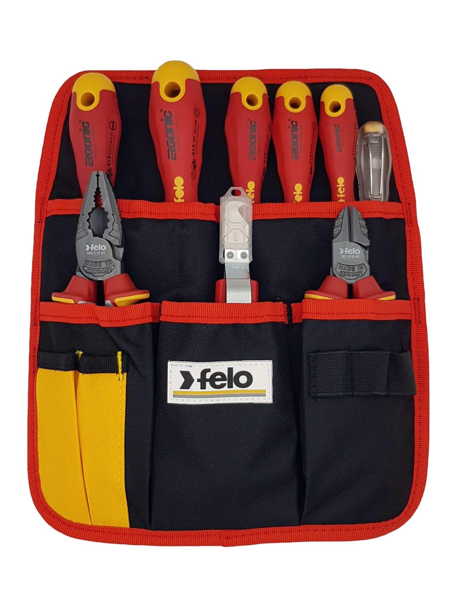 Felo Набор диэлектрических отверток Ergonic с диэлектрическими пасатижами, бокорезами, ножом для снятия изоляции и отверткой тестером сети,  9 шт 4139 41399504