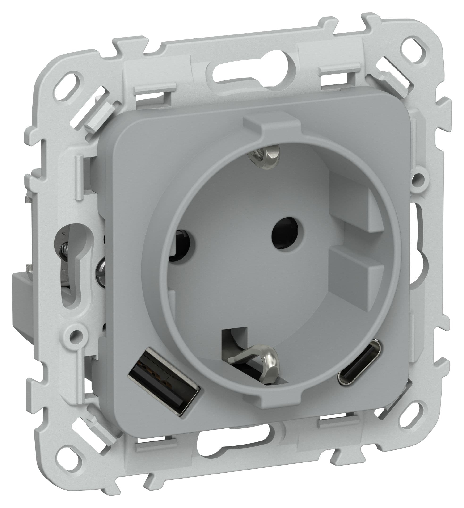 IEK FLITE Серый Розетка 1-местная с заземлением с защитными шторками 16А с USB A+C 20Вт безвинтовое крепление — миниатюра 1