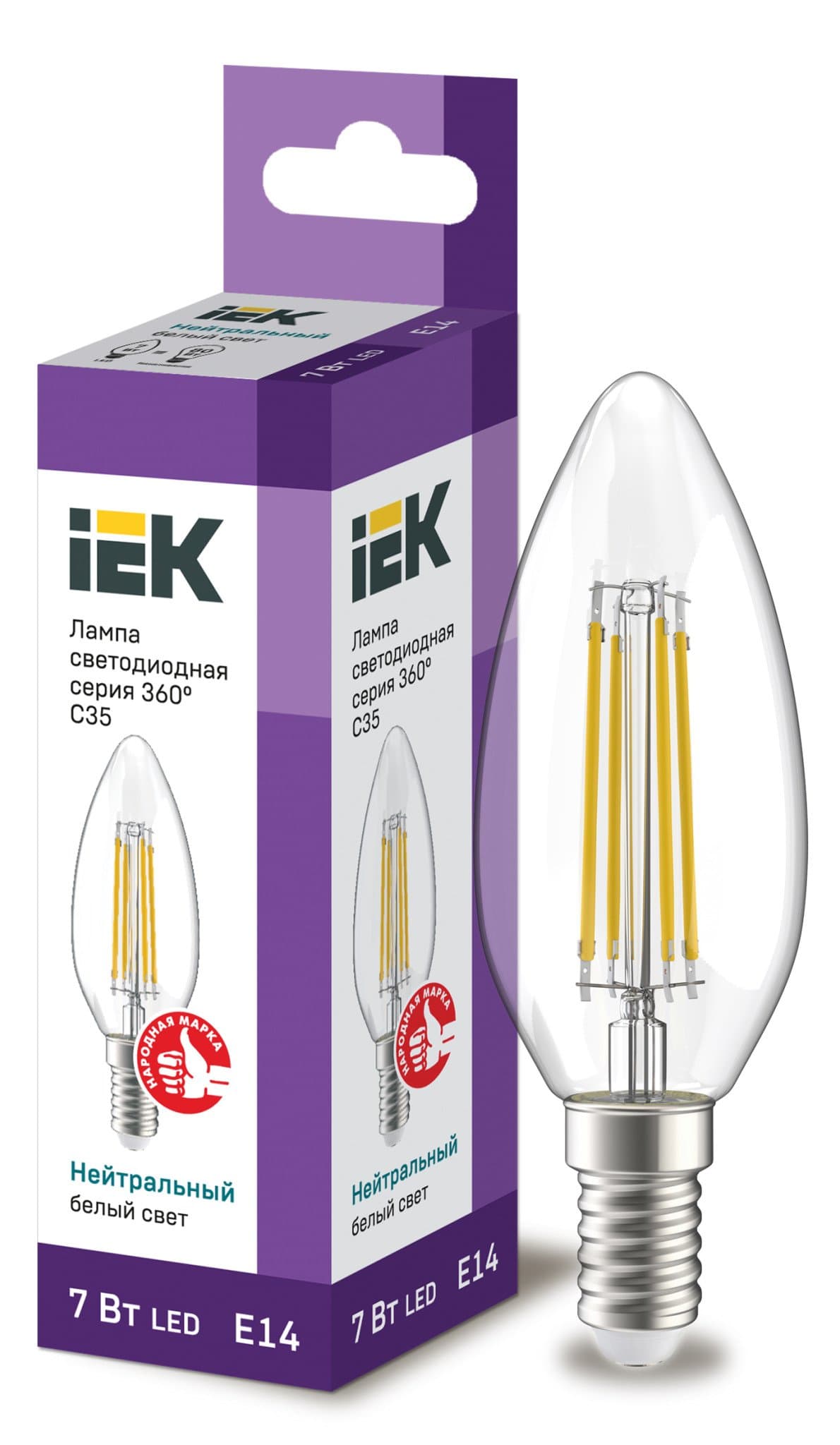 IEK Лампа LED C35 свеча прозрачный 7Вт 230В 4000К E14 серия 360°