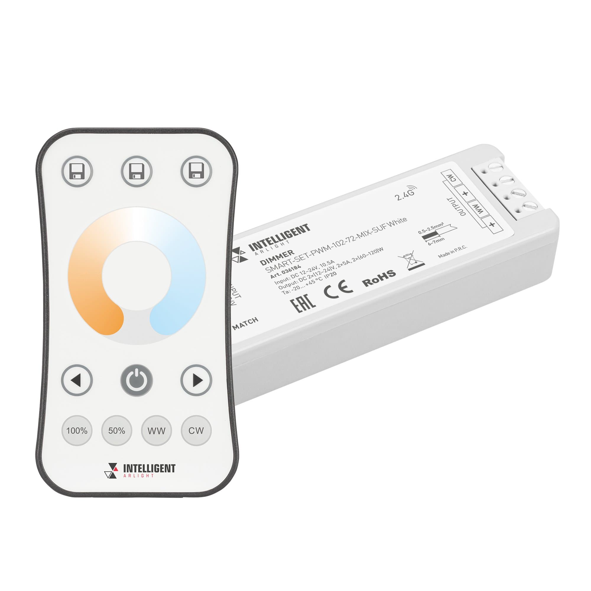 Arlight INTELLIGENT ARLIGHT Диммер SMART-SET-PWM-102-72-MIX-SUF White (12-24V, 2x5A, ПДУ RING 10кн, 2.4G) (IARL, IP20 Пластик, 5 лет) 036184